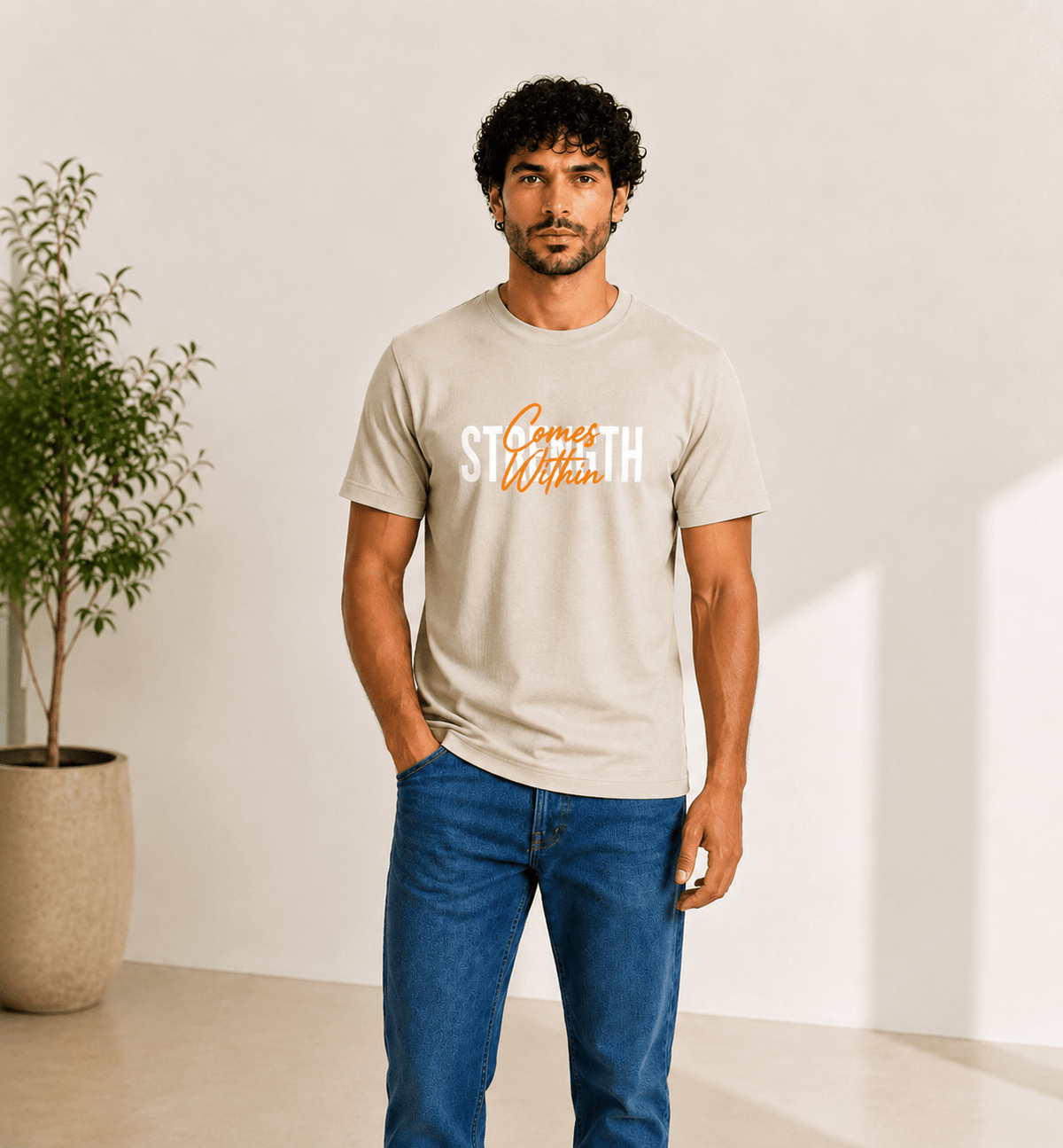 Men "Strength" Script Cotton Tee in Silver - Red Cotton