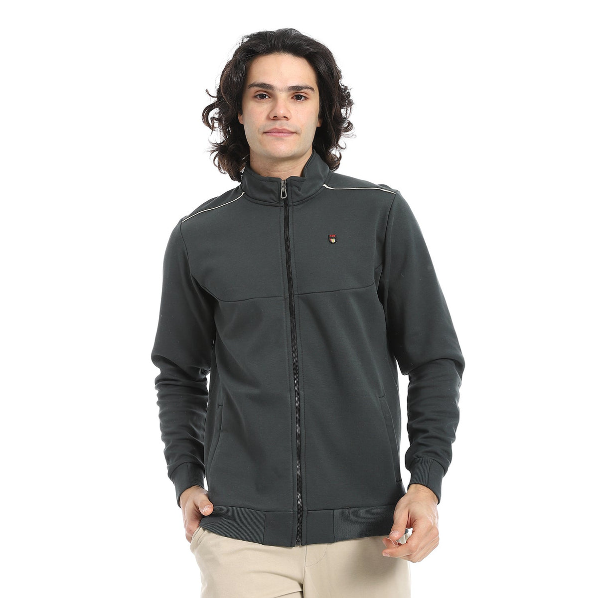 Men Sweatshirt - Mandarin Collar - Red Cotton