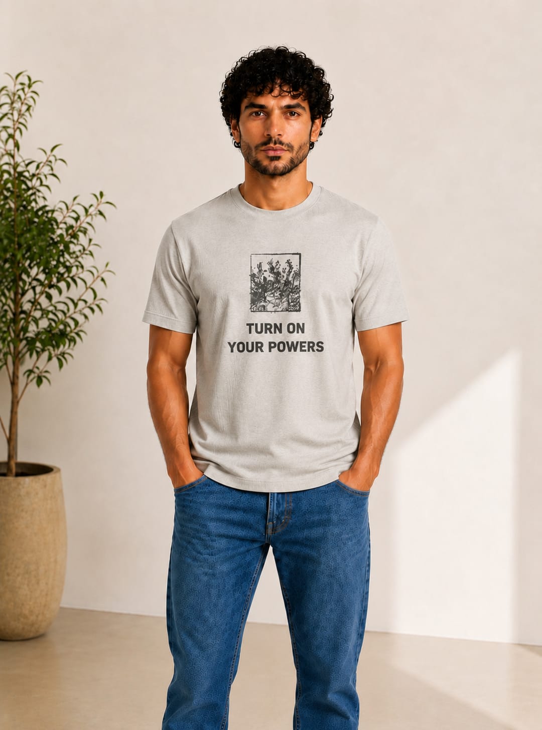 Men "Turn On Your Powers" Motivational Cotton Tee in Silver - Red Cotton