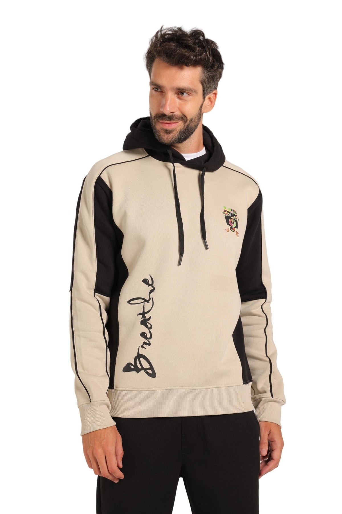 Men’s Beige and Black Milton Hoodie – Stylish Fleece-Lined Sweatshirt with “Breathe” Print - Red Cotton