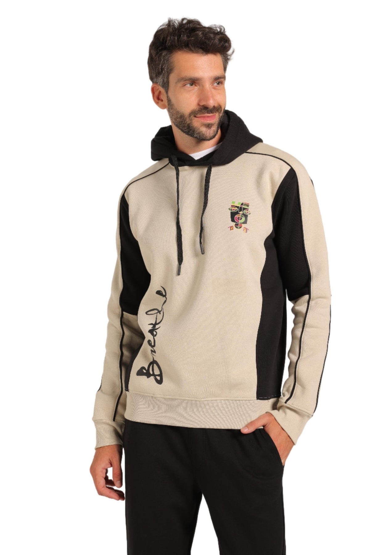 Men’s Beige and Black Milton Hoodie – Stylish Fleece-Lined Sweatshirt with “Breathe” Print - Red Cotton