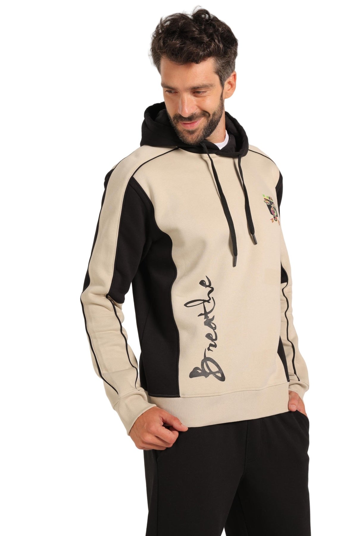 Men’s Beige and Black Milton Hoodie – Stylish Fleece-Lined Sweatshirt with “Breathe” Print - Red Cotton