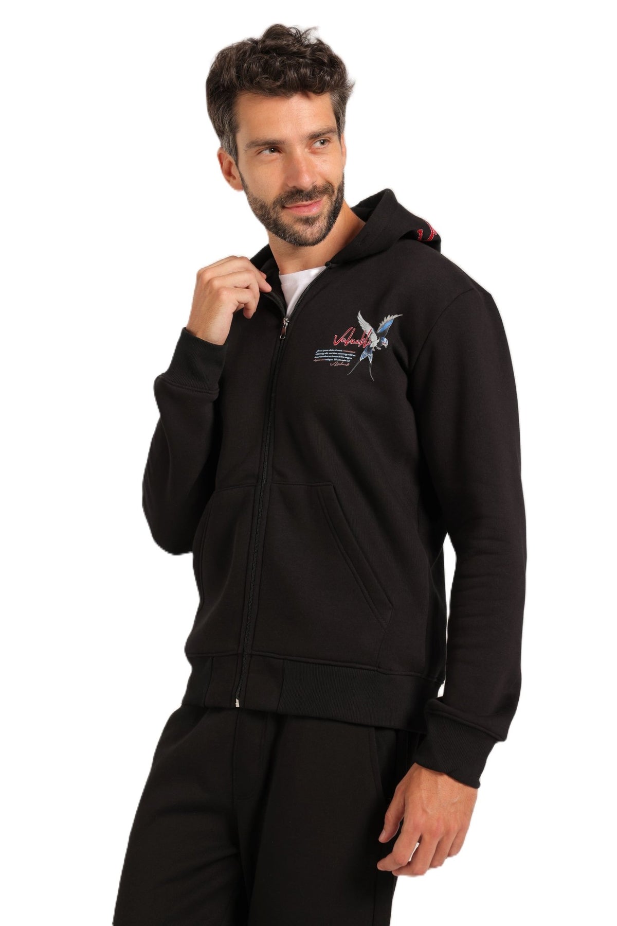 Men’s Black Zip-Up Hoodie with Embroidered Back Design - Red Cotton