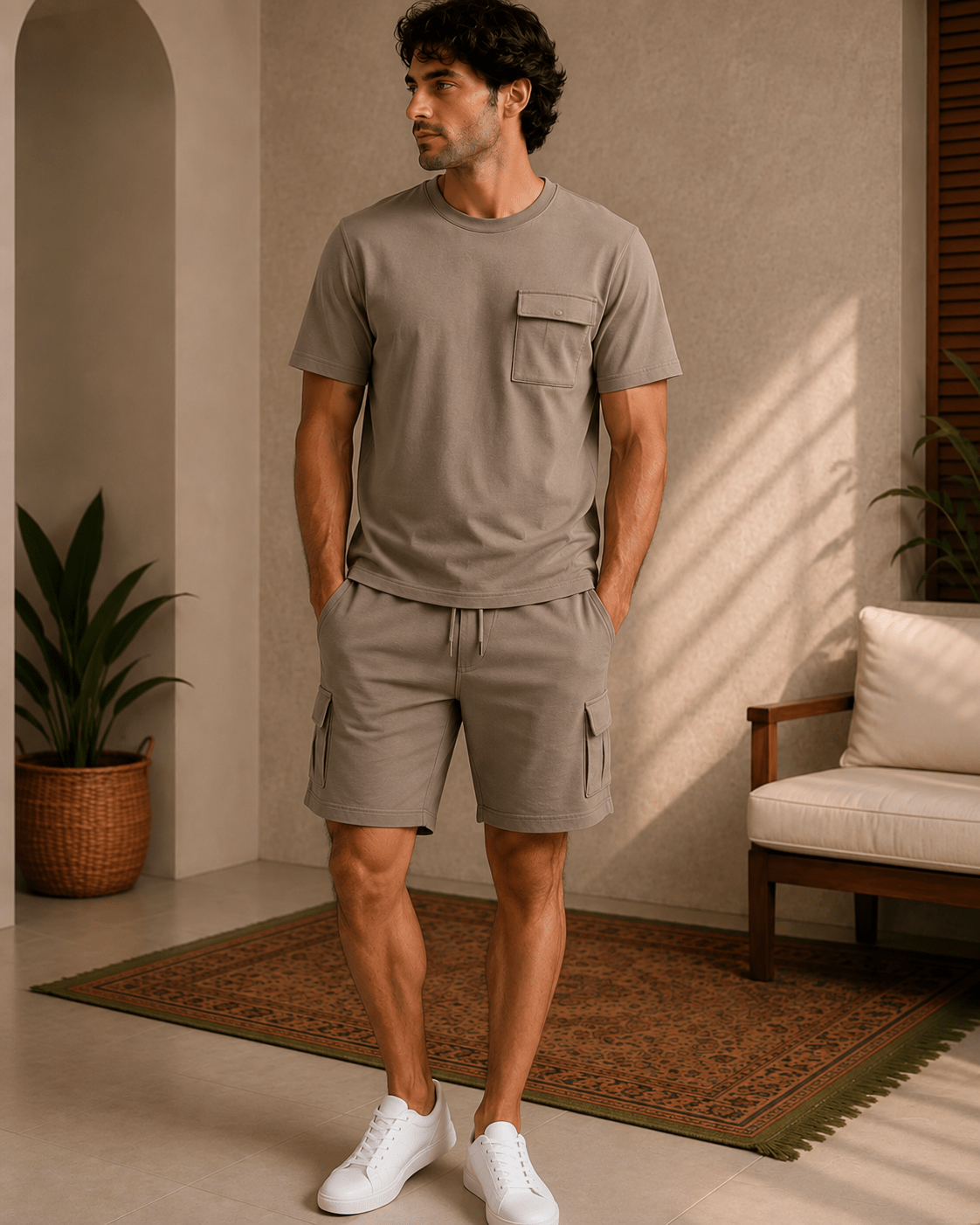 Men's Cargo Shorts Lounge Set - Red Cotton