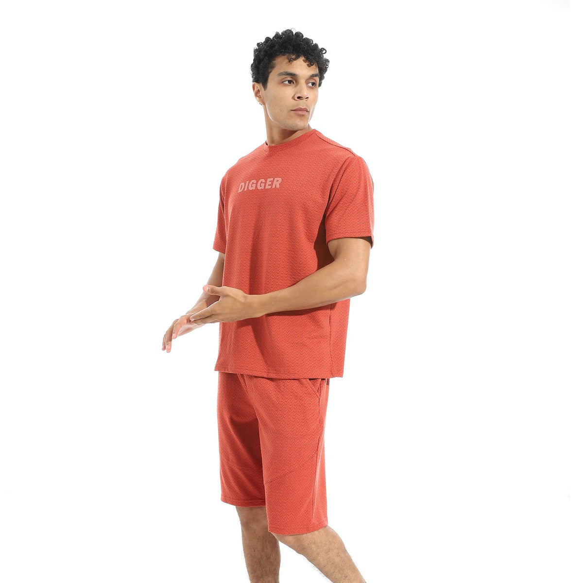 Men's Casual Red T-Shirt & Shorts Set – "DIGGER" Print - Red Cotton