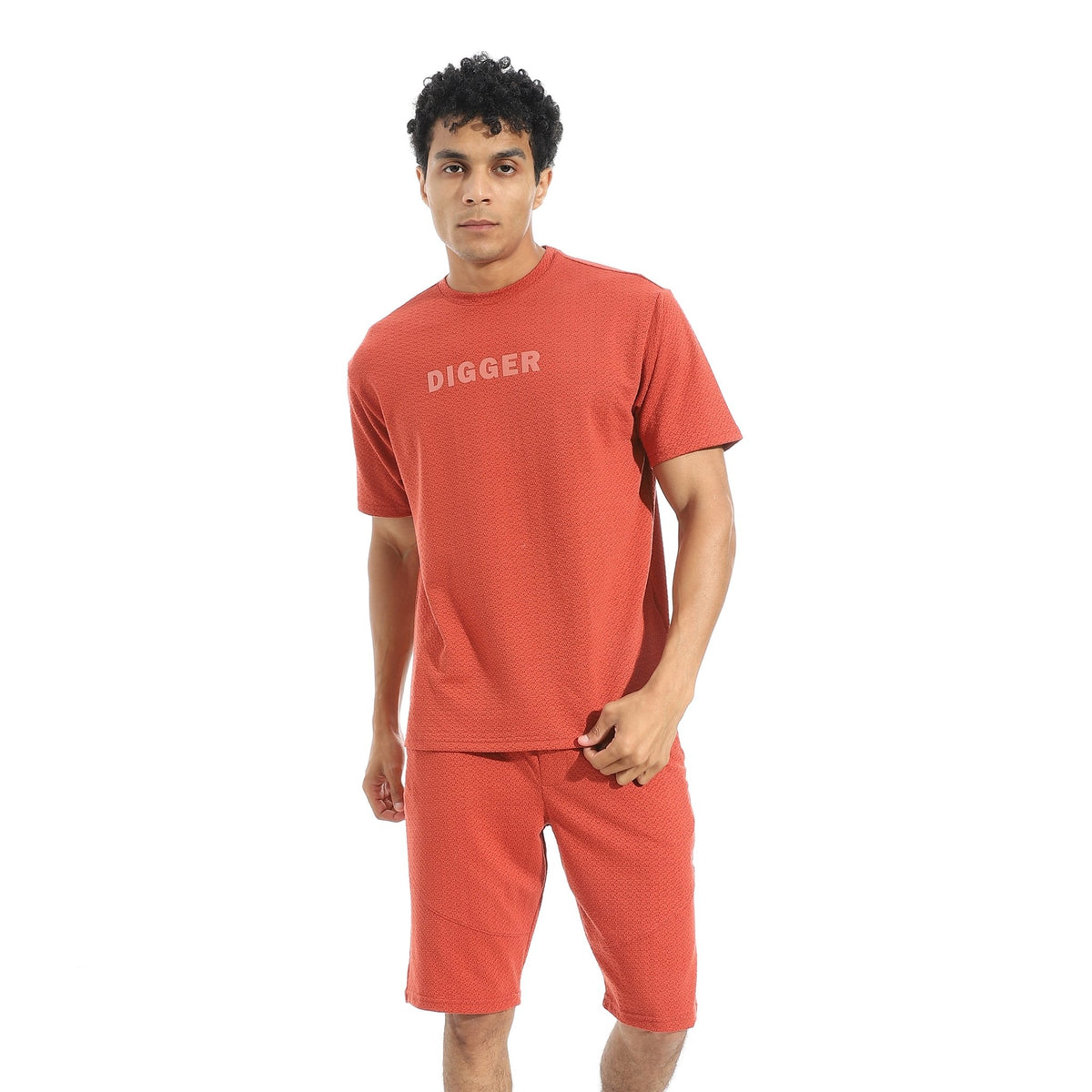 Men's Casual Red T-Shirt & Shorts Set – "DIGGER" Print - Red Cotton