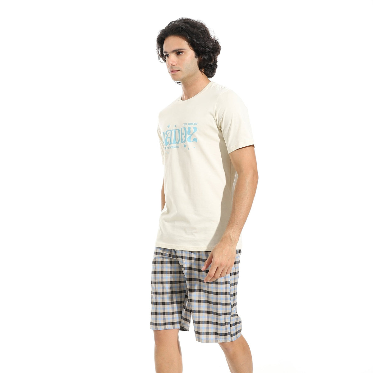 Men's Cotton Pajama Set – Off white Round neck T-Shirt & Checkered Short - Red Cotton
