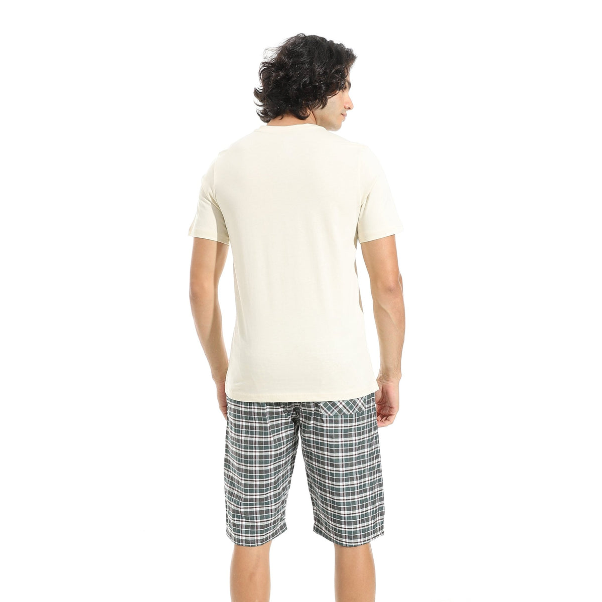 Men's Cotton Pajama Set – Off white V-Neck T-Shirt & Checkered Short - Red Cotton