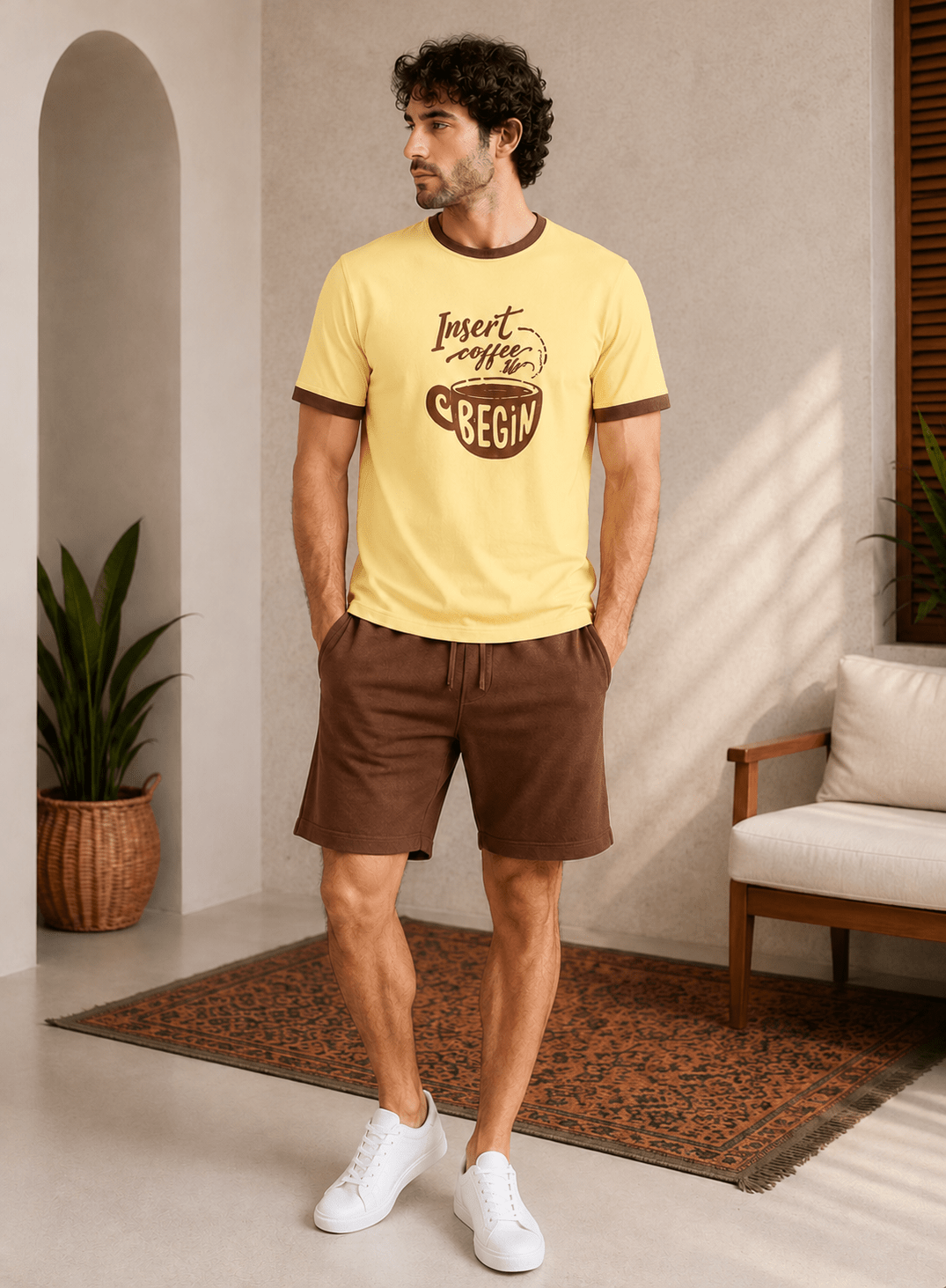 Men’s Cotton Pajama Set – Yellow T-Shirt & Black Shorts - Red Cotton