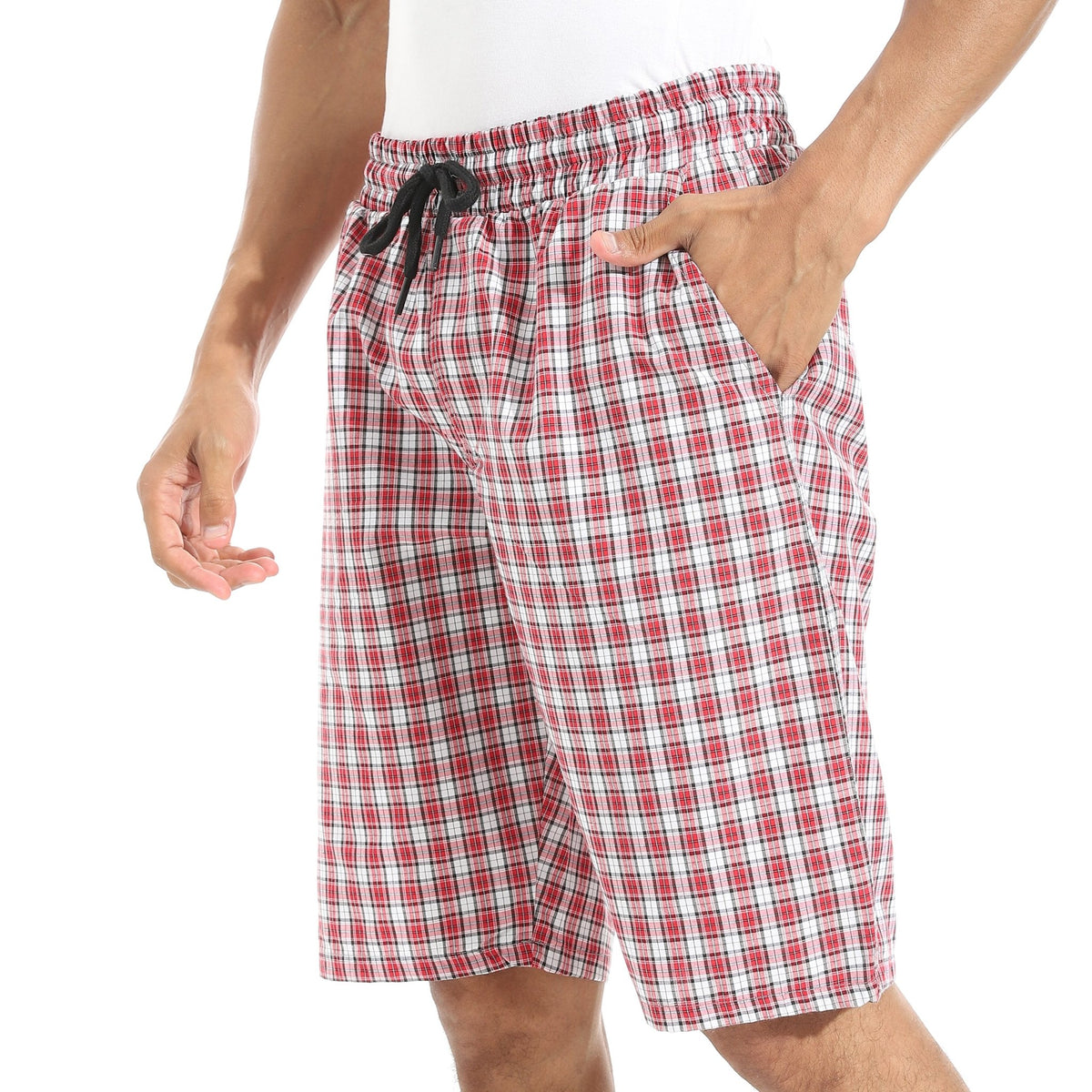 Men's Dark Red Gingham Check Lounge Shorts with Drawstring Waist - Red Cotton