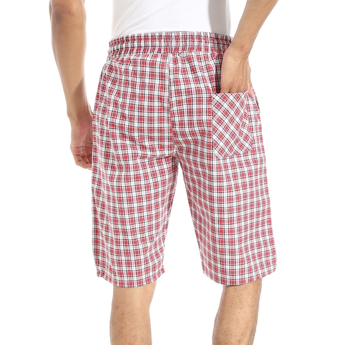 Men's Dark Red Gingham Check Lounge Shorts with Drawstring Waist - Red Cotton
