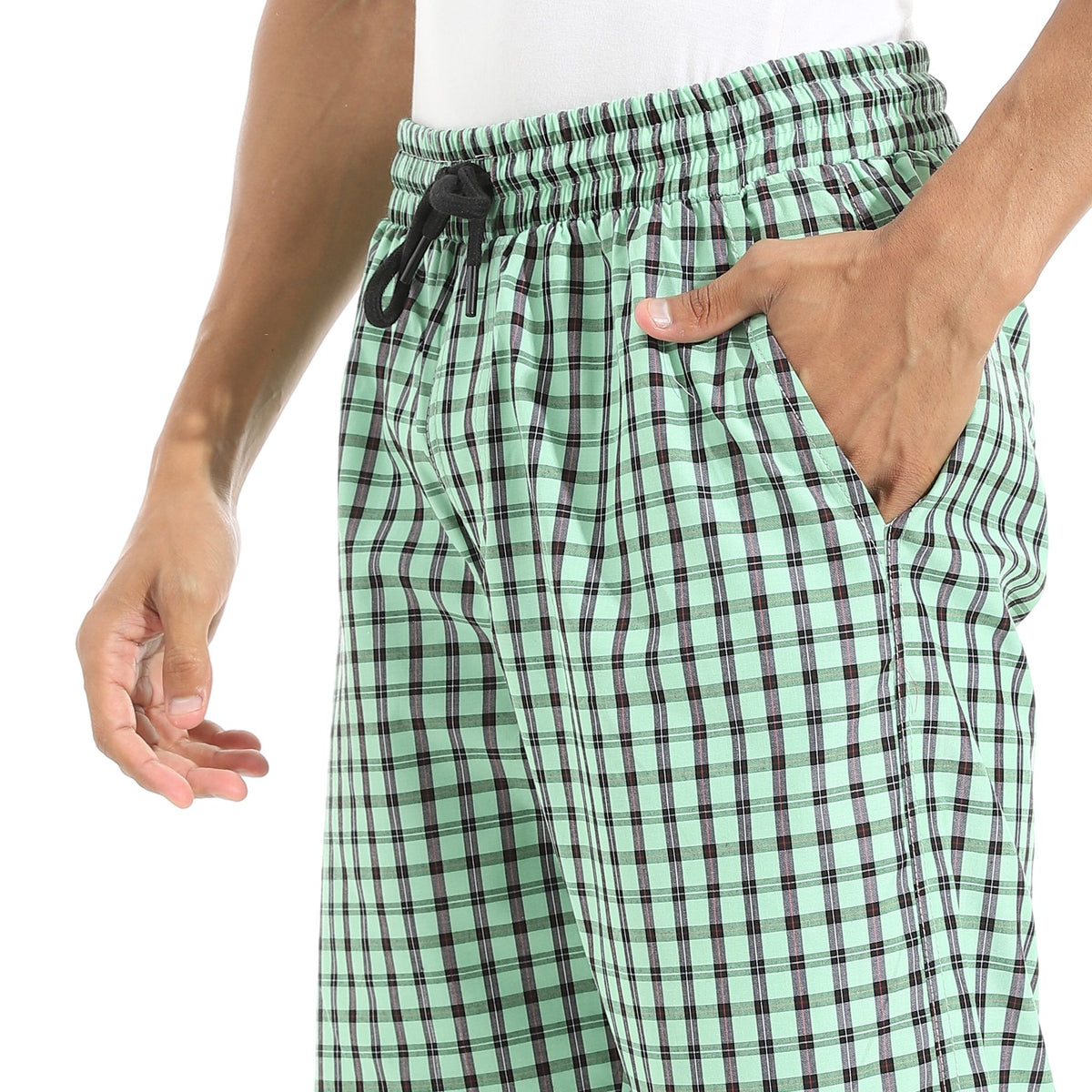Men's Green Gingham Check Lounge Shorts with Drawstring Waist - Red Cotton