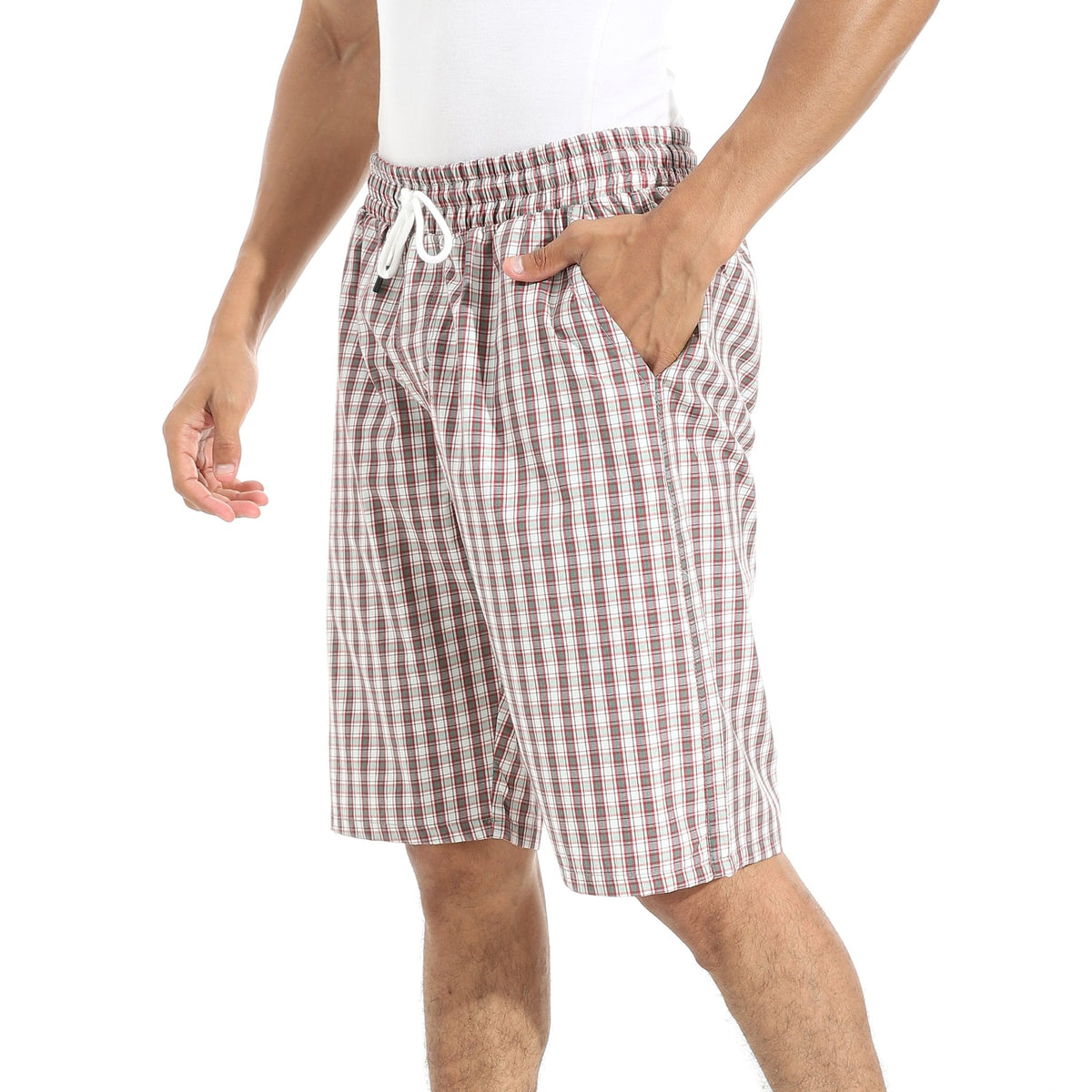 Men's Grey Gingham Check Lounge Shorts with Drawstring Waist - Red Cotton