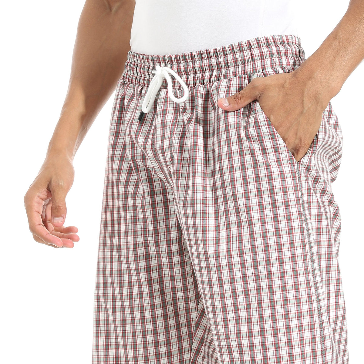Men's Grey Gingham Check Lounge Shorts with Drawstring Waist - Red Cotton