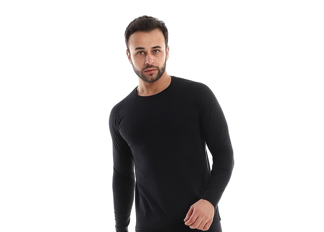 Men's Long Sleeve Cotton Undershirt - Black - Red Cotton
