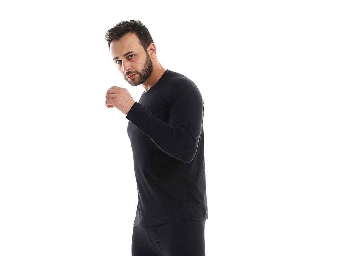 Men's Long Sleeve Cotton Undershirt - Black - Red Cotton