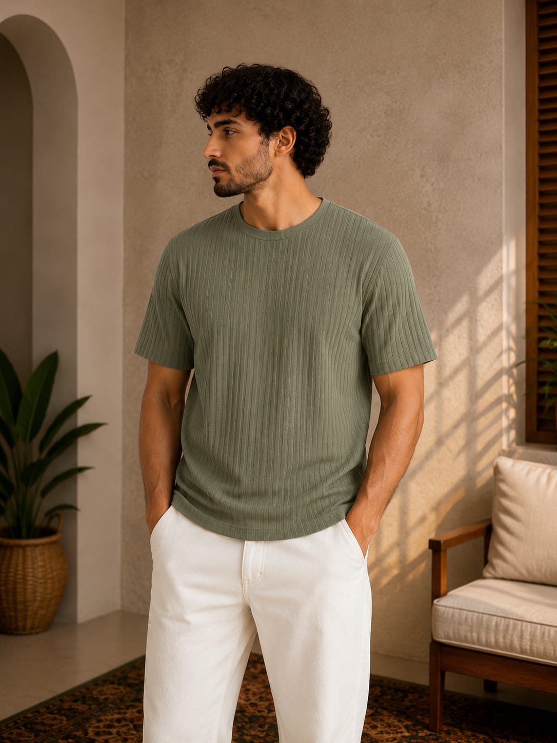 Men's olive green jacquard crew-neck t-shirt - Red Cotton