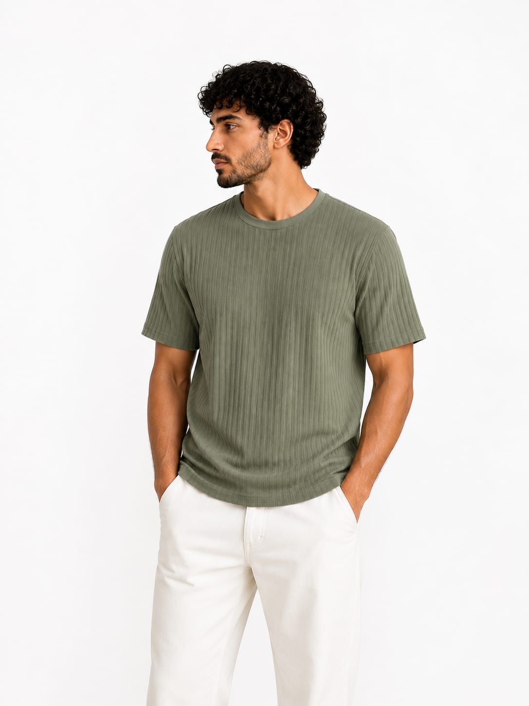 Men's olive green jacquard crew-neck t-shirt - Red Cotton