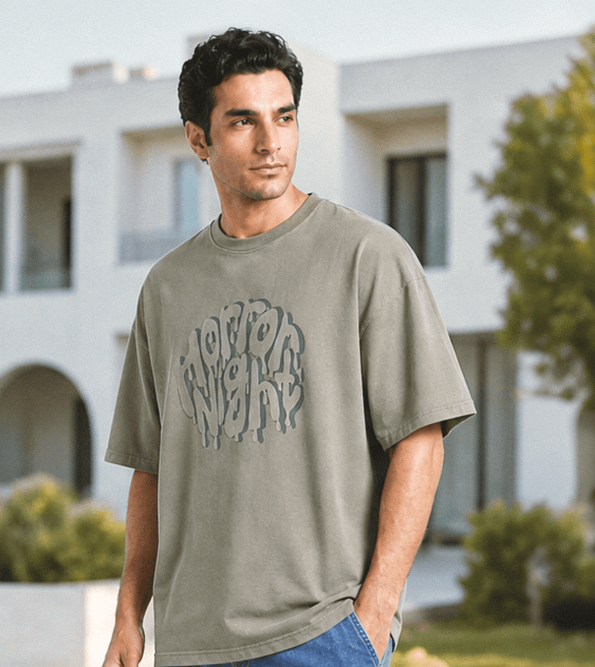 Men's Olive Green Oversized T-Shirt - Red Cotton