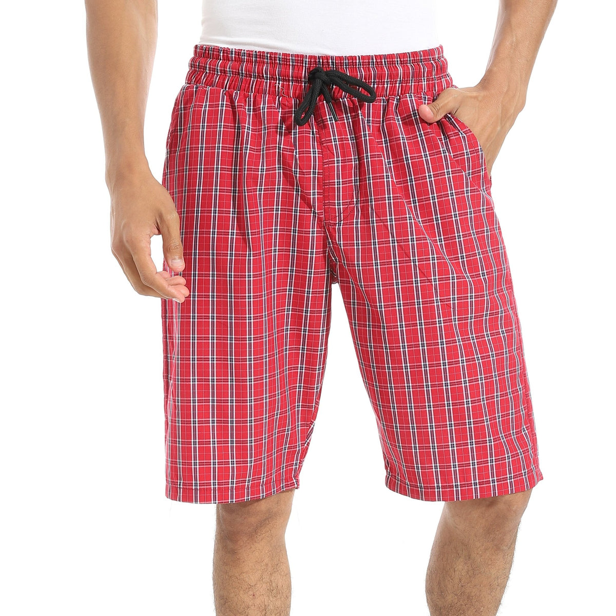Men's Red Gingham Check Lounge Shorts with Drawstring Waist - Red Cotton