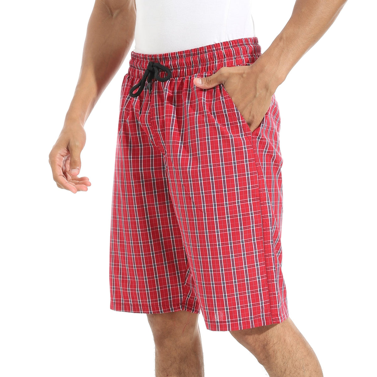Men's Red Gingham Check Lounge Shorts with Drawstring Waist - Red Cotton