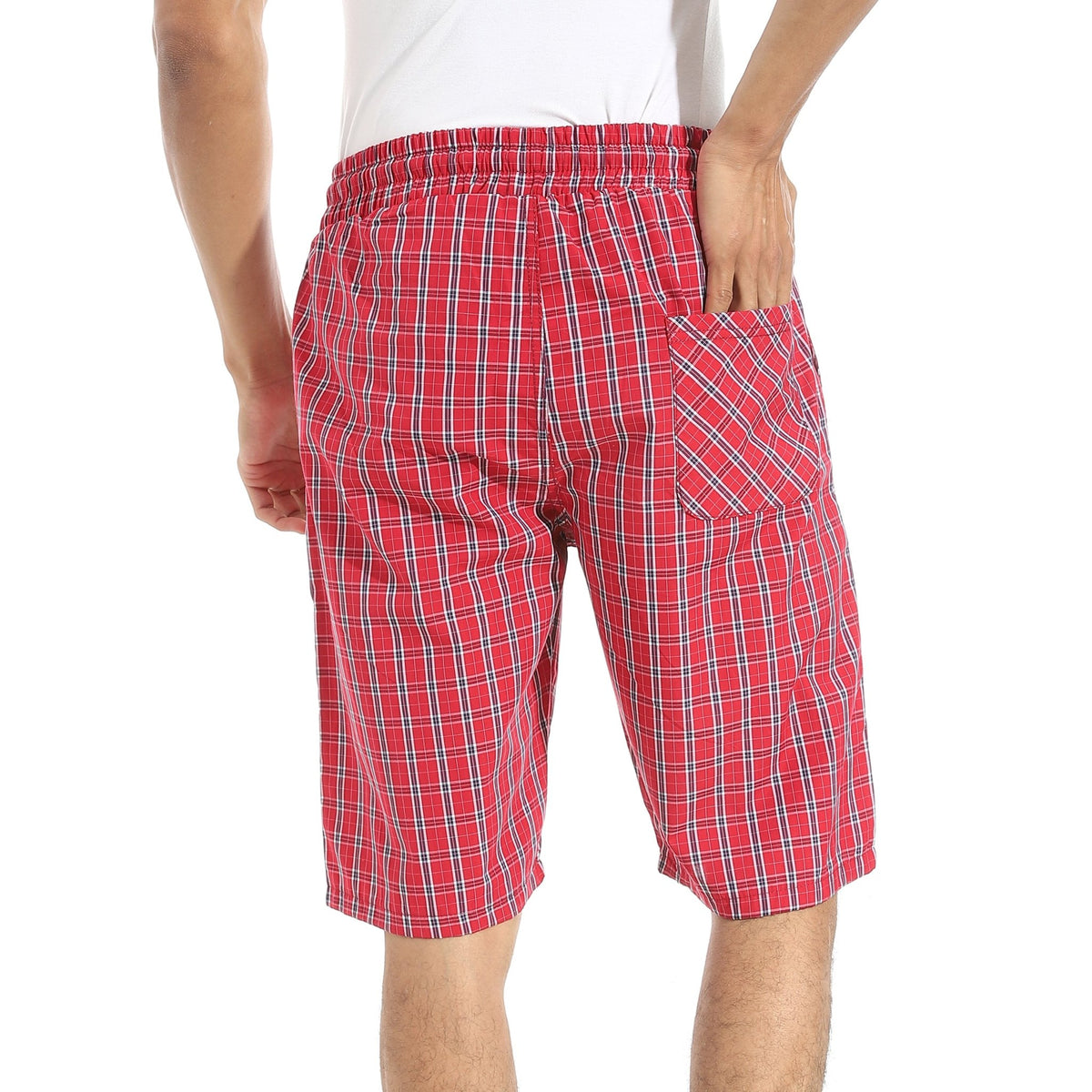 Men's Red Gingham Check Lounge Shorts with Drawstring Waist - Red Cotton