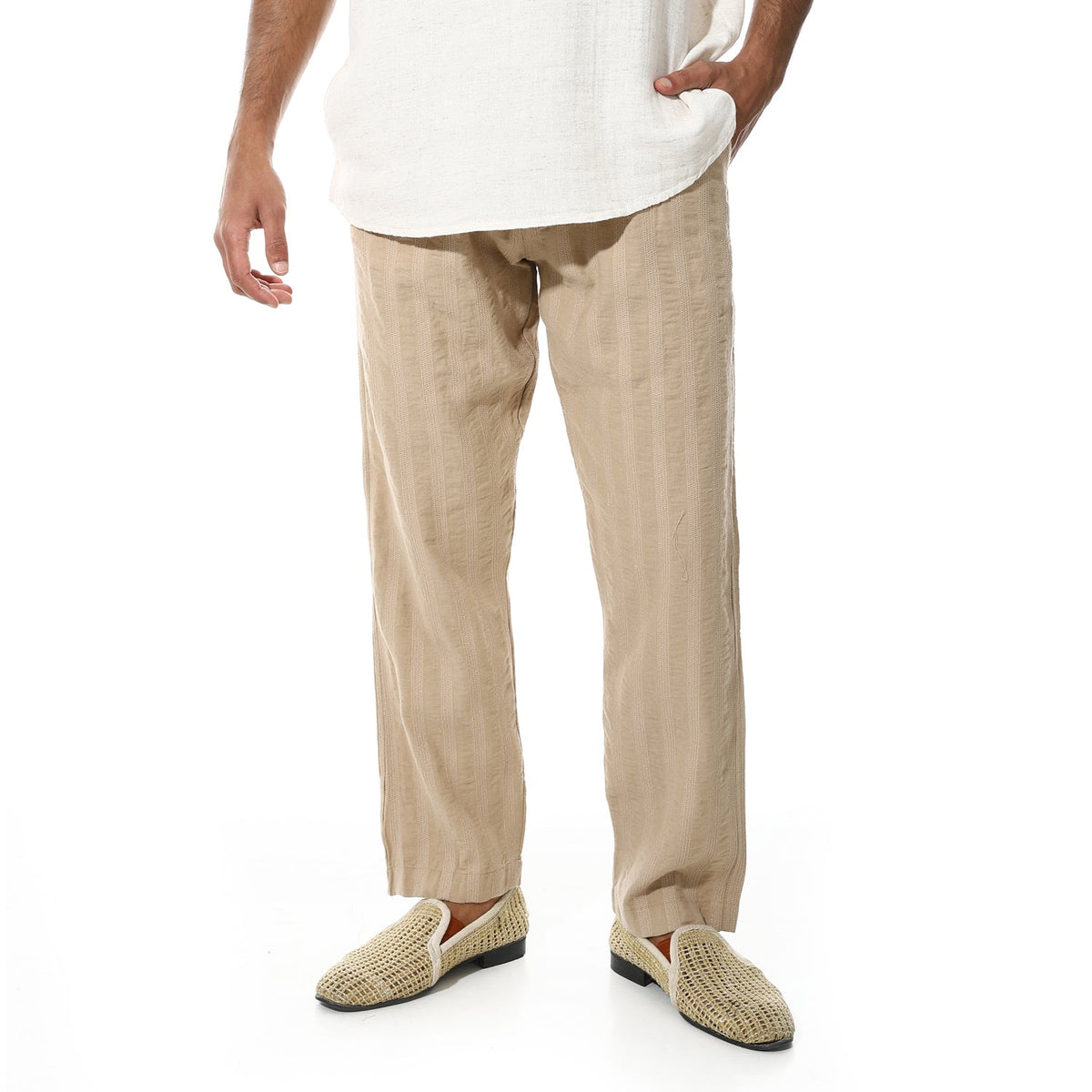 Men's Relaxed Fit Striped Linen Trousers – Cafe - Red Cotton
