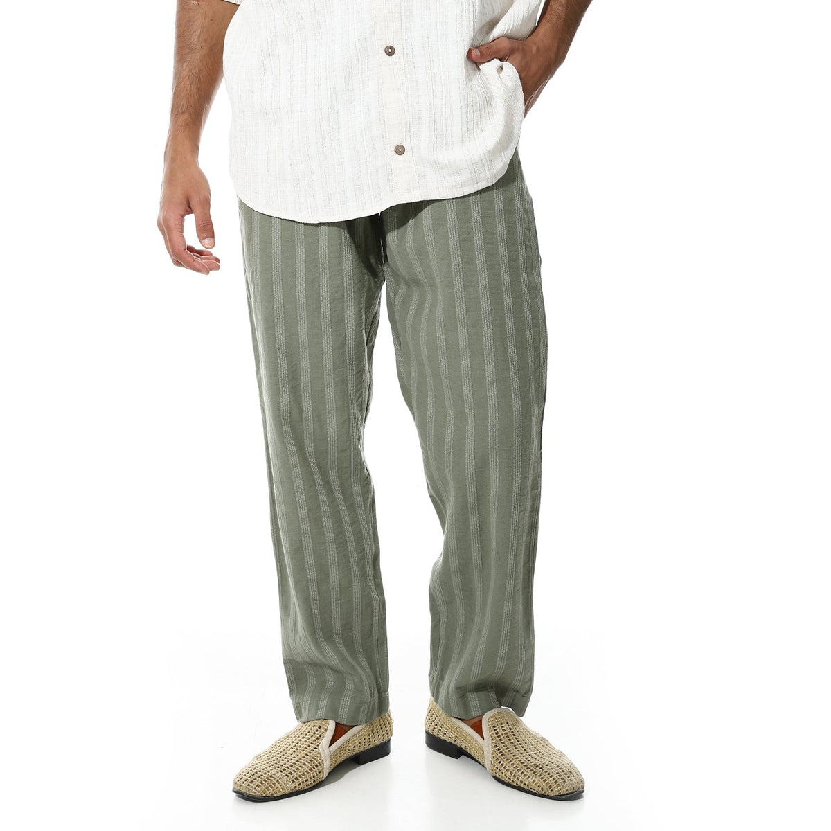 Men's Relaxed Fit Striped Linen Trousers – Green - Red Cotton