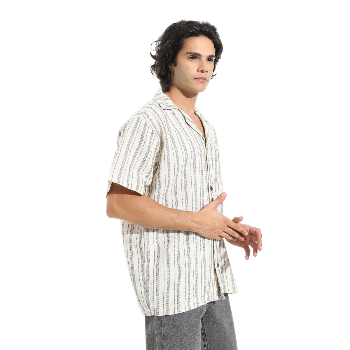 Men’s Short Sleeve Linen Striped Black Shirt - Red Cotton