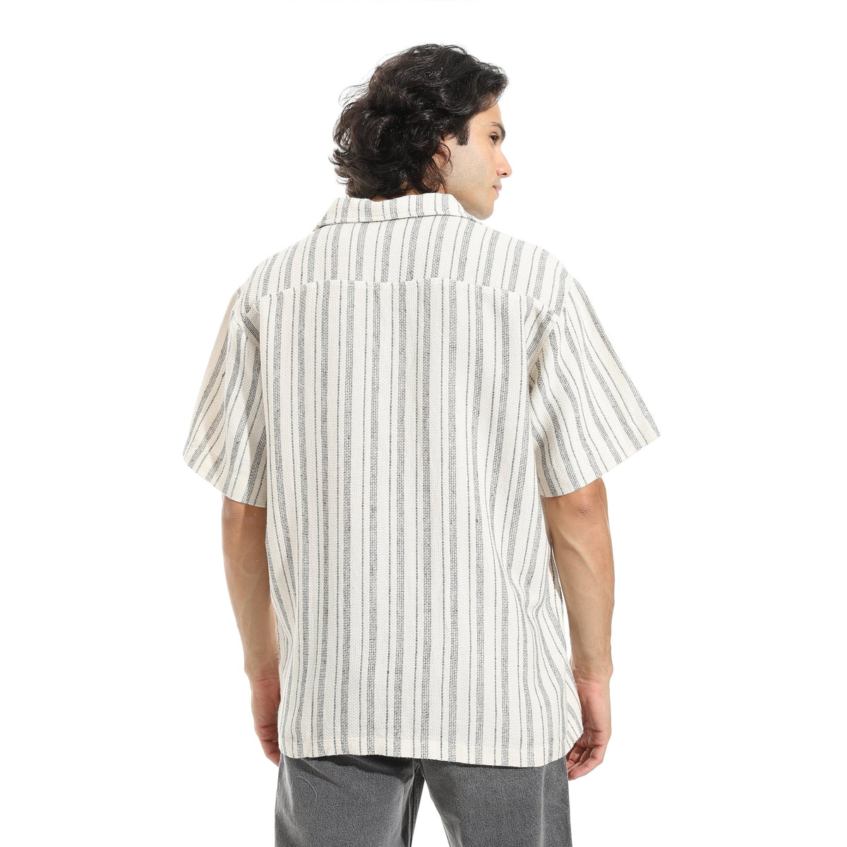 Men’s Short Sleeve Linen Striped Black Shirt - Red Cotton