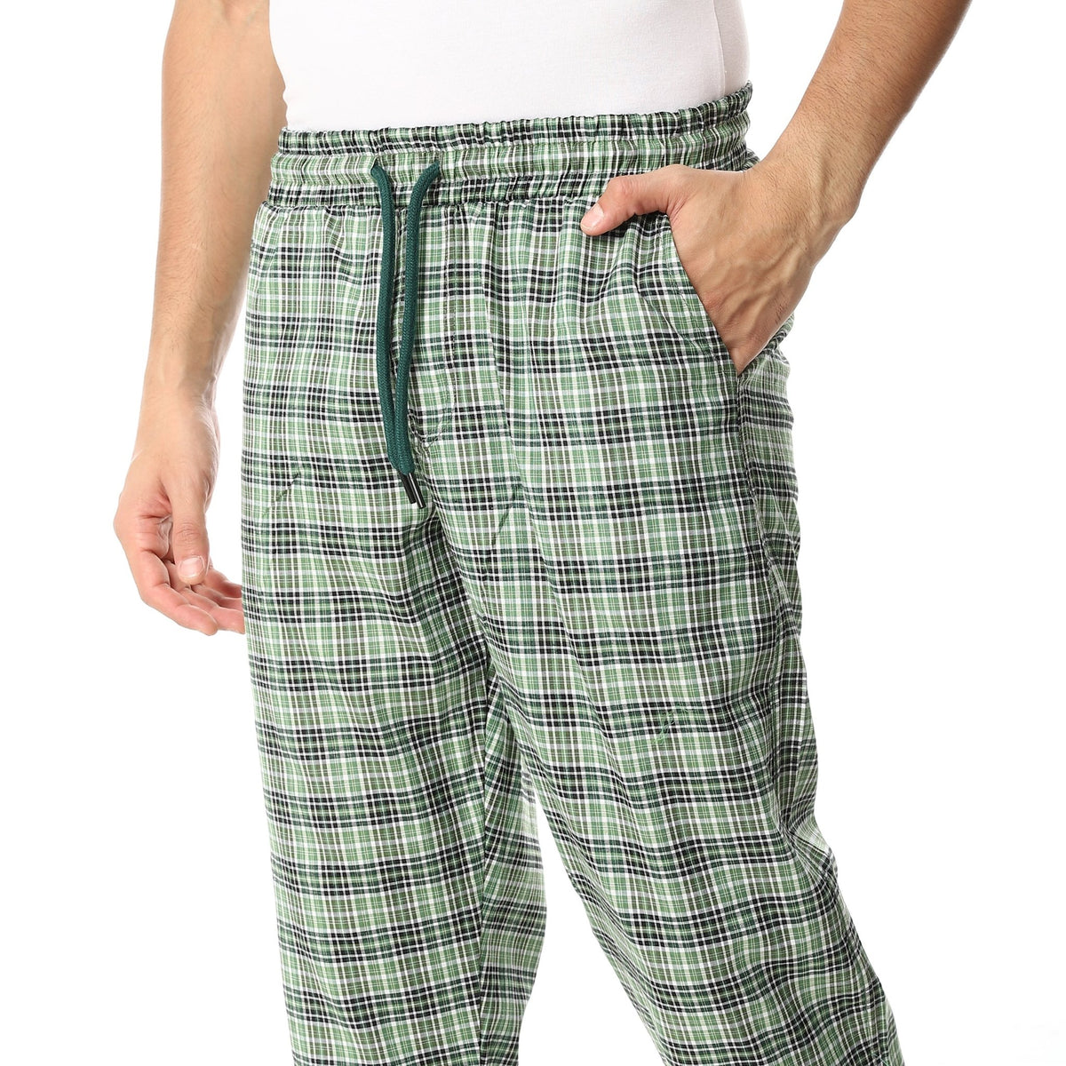 Men's Summer Check Pants - Olive - Red Cotton