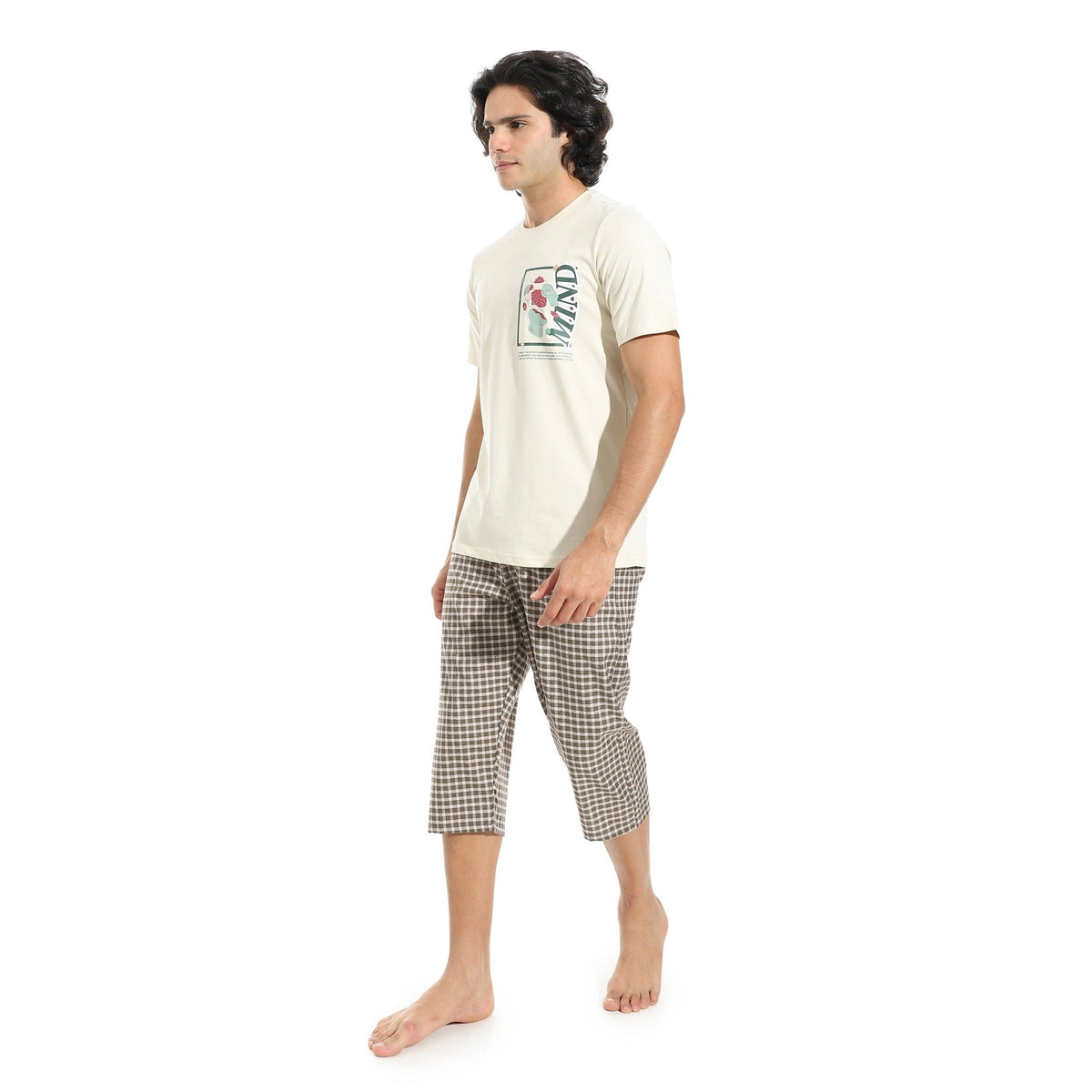 Men's Summer Pajama Set, Pantacourt & T-Shirt -Off white - Red Cotton
