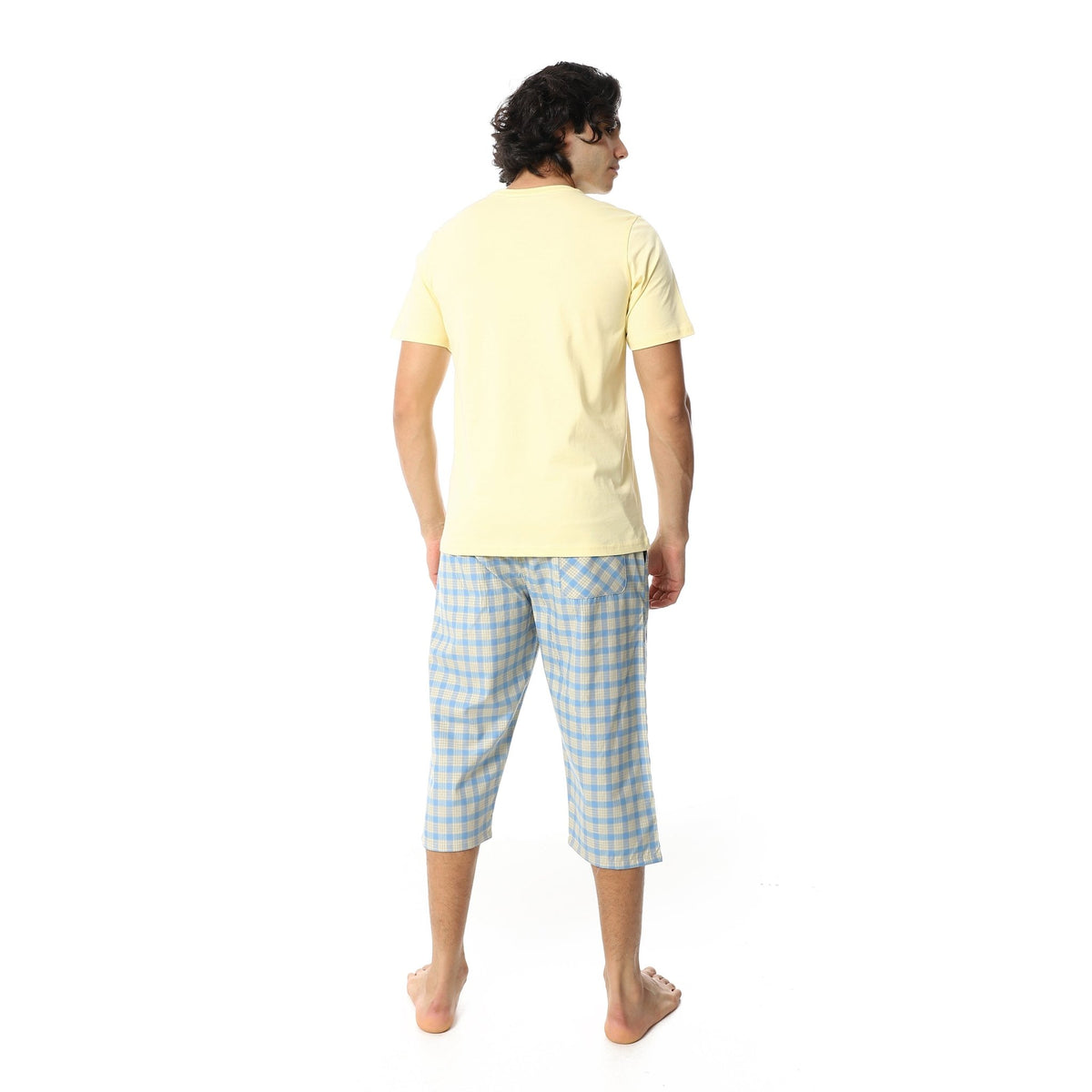 Men's Summer Pajama Set, Pantacourt & T-Shirt -Yellow - Red Cotton