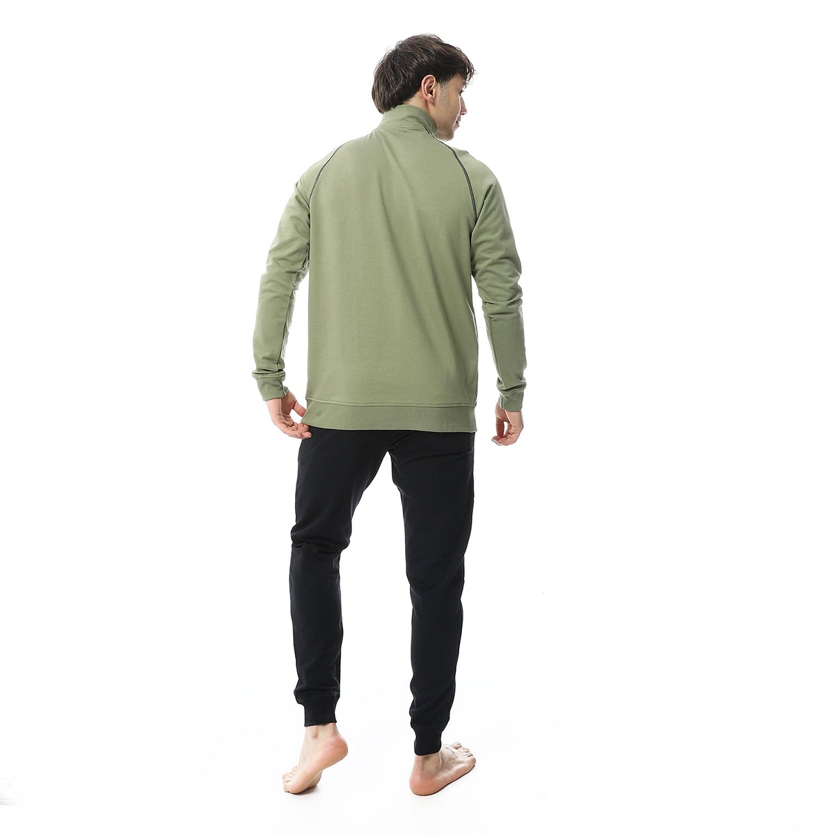 Men's Winter Quarter Zipper Pajama - Dark Green - Red Cotton