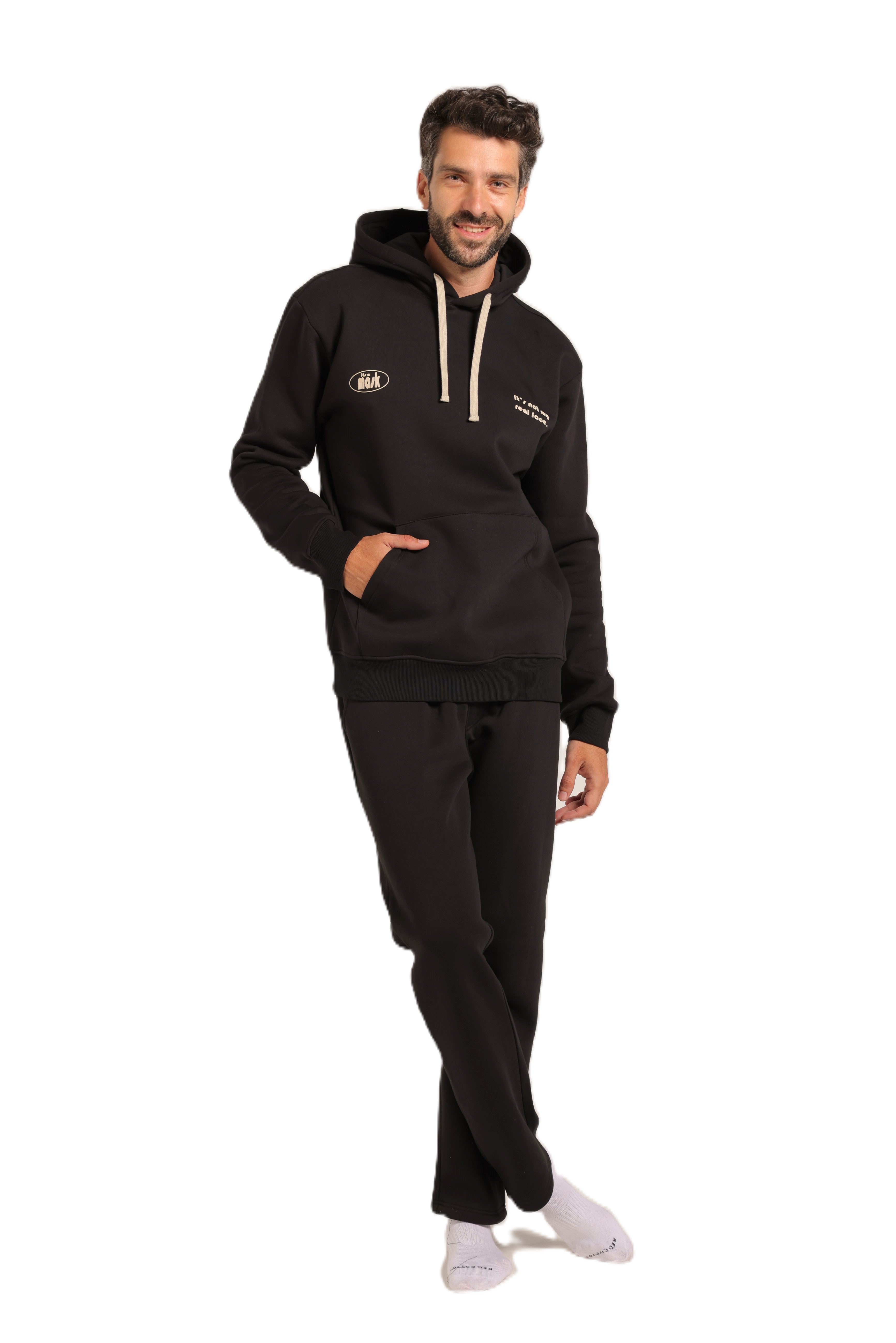 Men's Black Hoodie & Joggers Set – "It's Not My Real Face" Print
