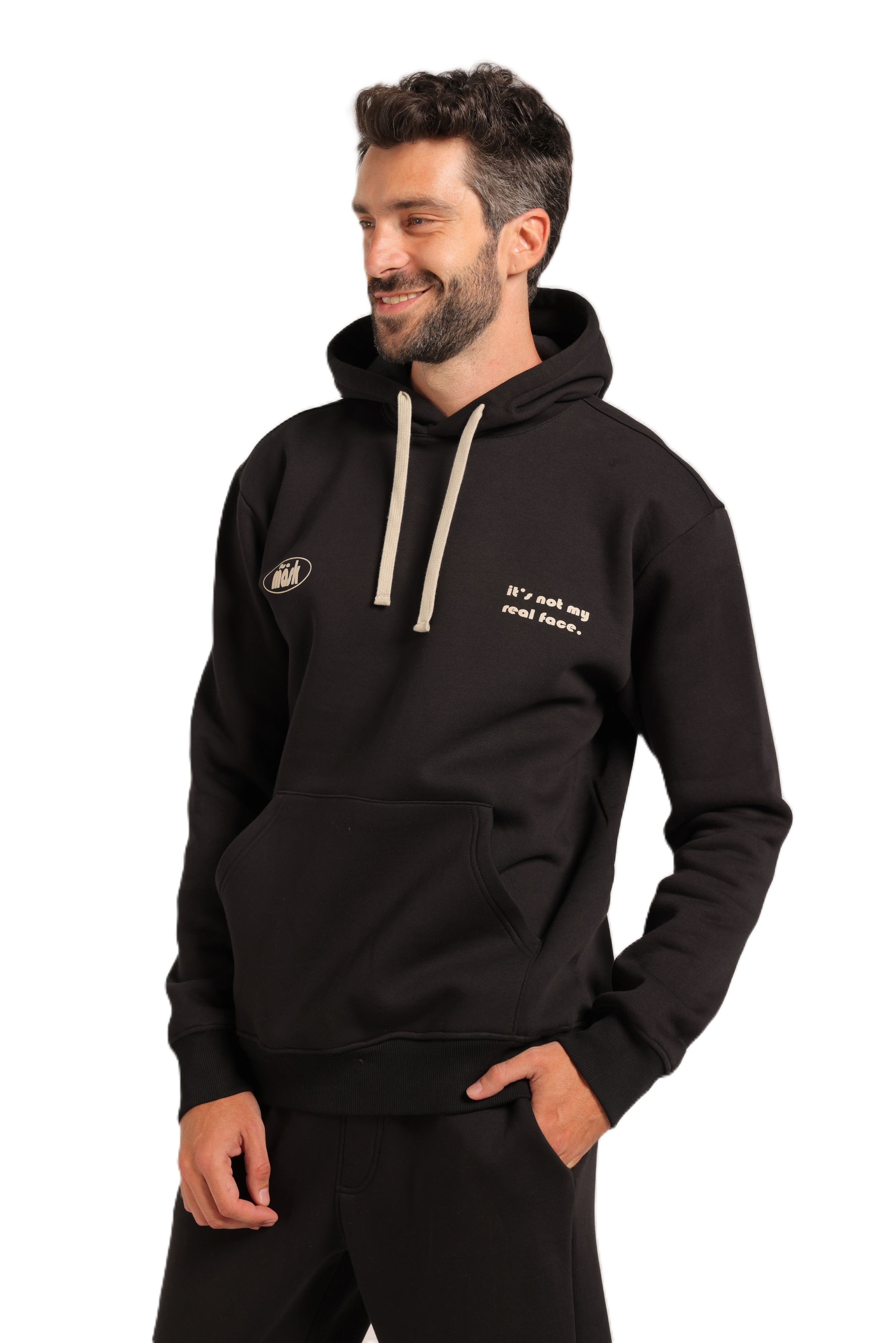 Men's Black Hoodie & Joggers Set – "It's Not My Real Face" Print