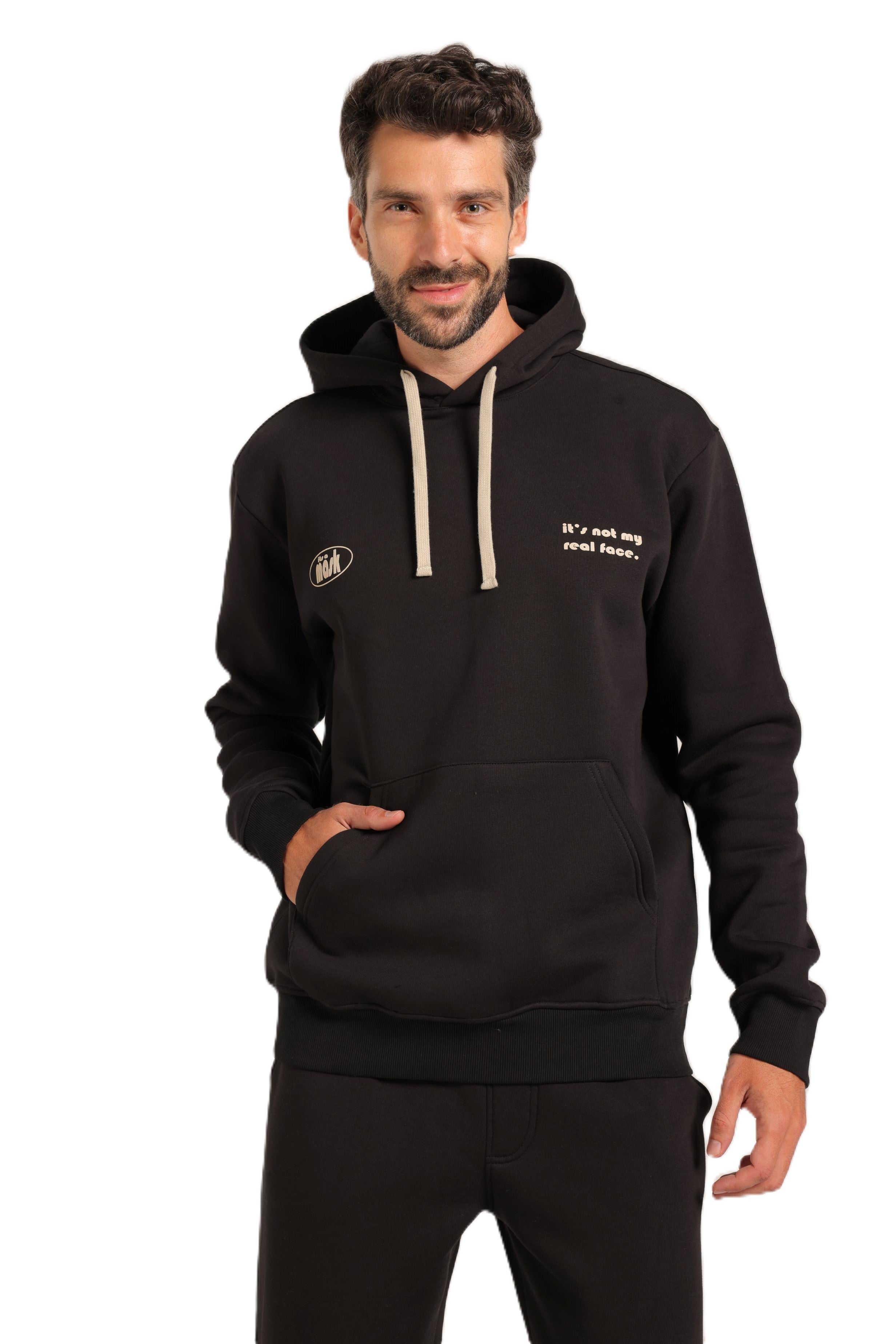 Men's Black Hoodie & Joggers Set – "It's Not My Real Face" Print