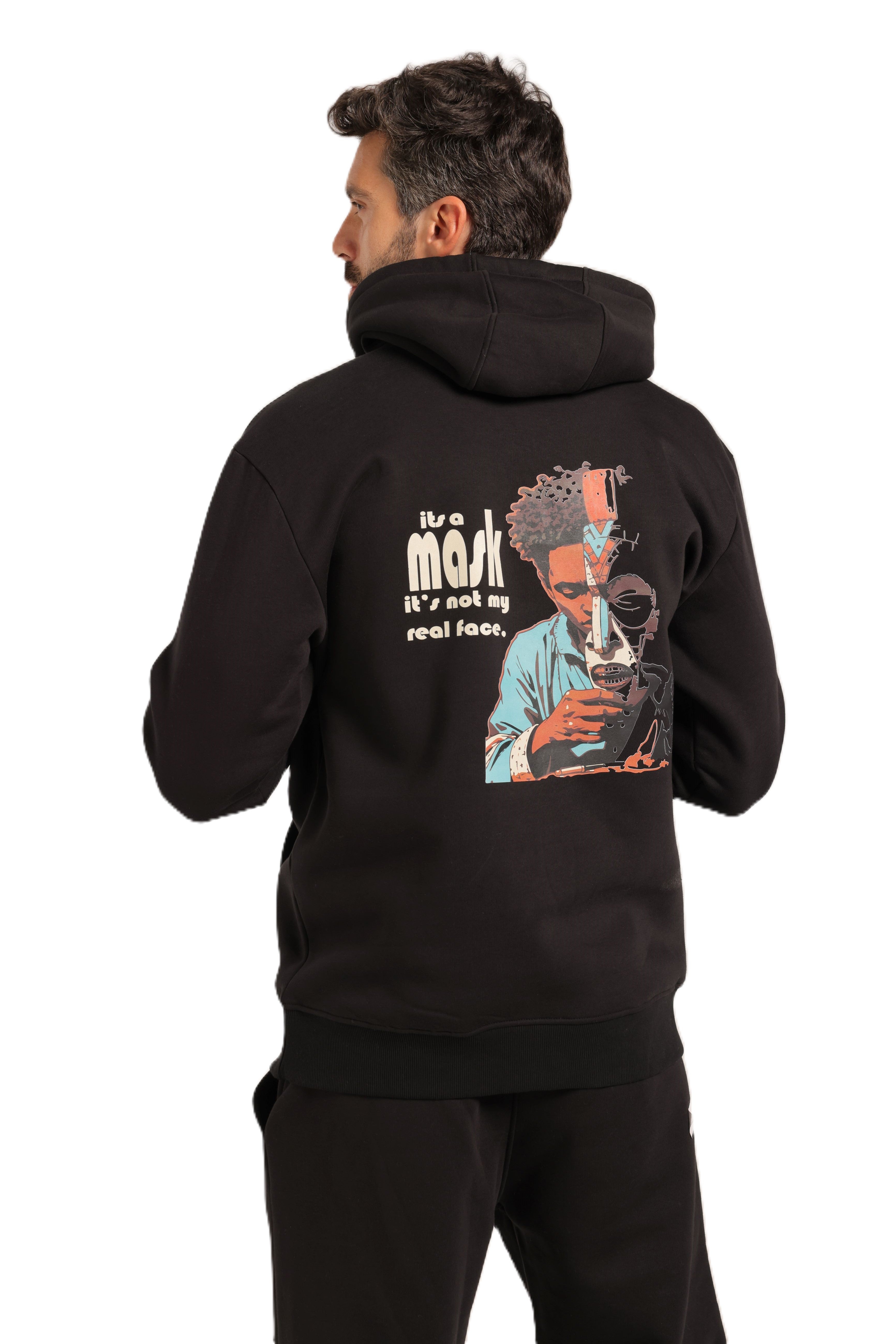 Men's Black Hoodie & Joggers Set – "It's Not My Real Face" Print
