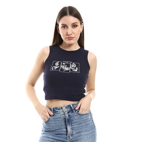 Navy Blue Crop Top With Graphic Print - Red Cotton