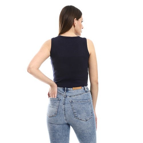 Navy Blue Crop Top With Graphic Print - Red Cotton