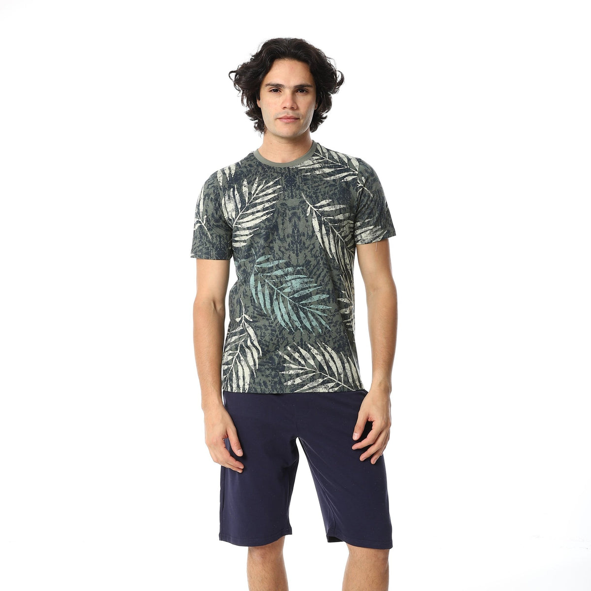 Olive Palm Leaves Tee & Solid Navy Shorts Pajama Set - Red Cotton