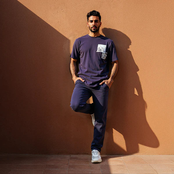 Men's Relaxed Fit Navy Lounge Set with Bold Side Print