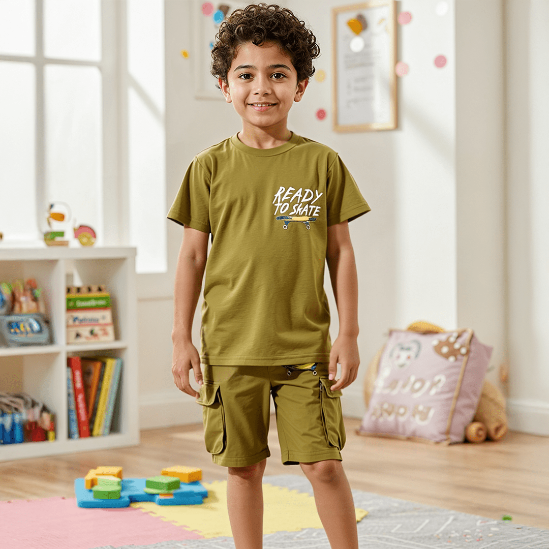 Printed Cargo Shorts Set for Boys – Summer Melton Vibes - Red Cotton