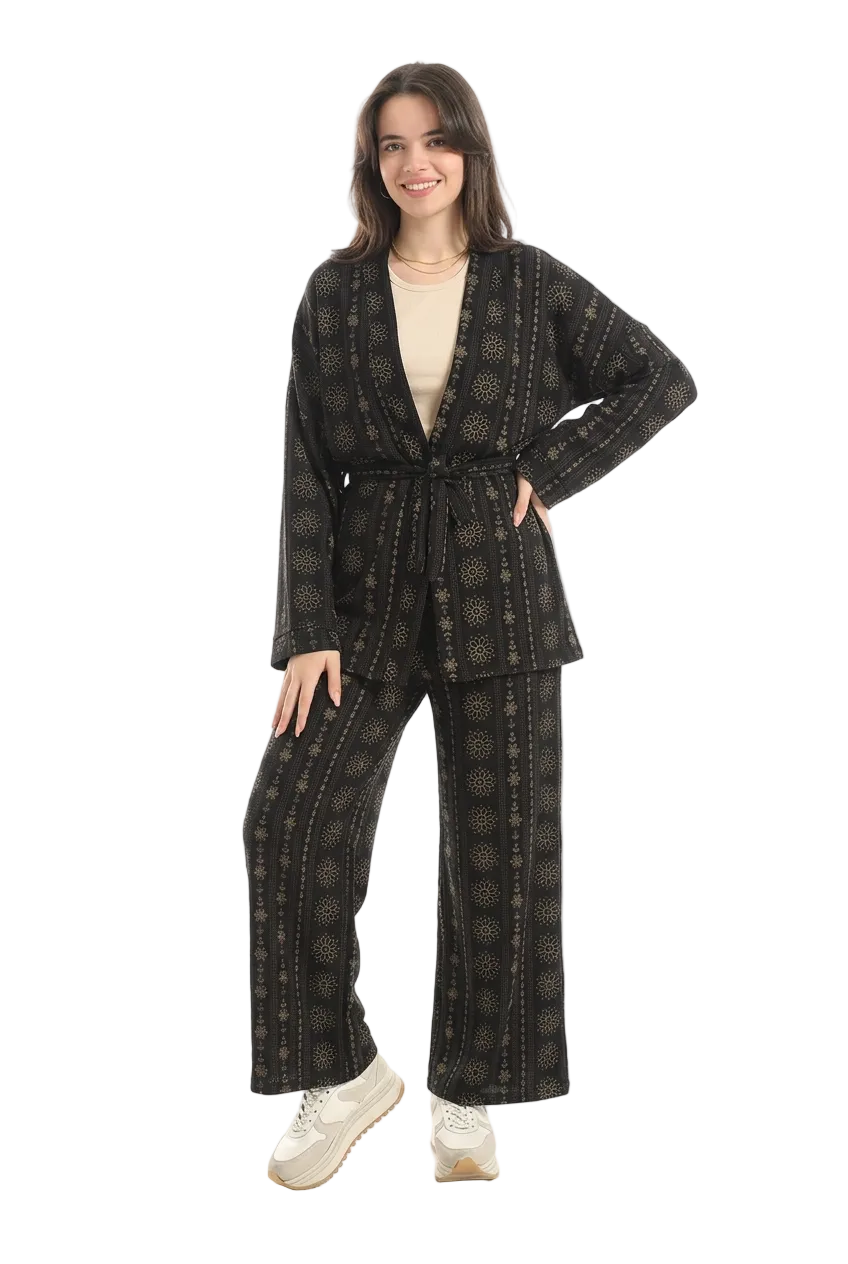 Women Set Belted Kimono Top & Wide-Leg Pants