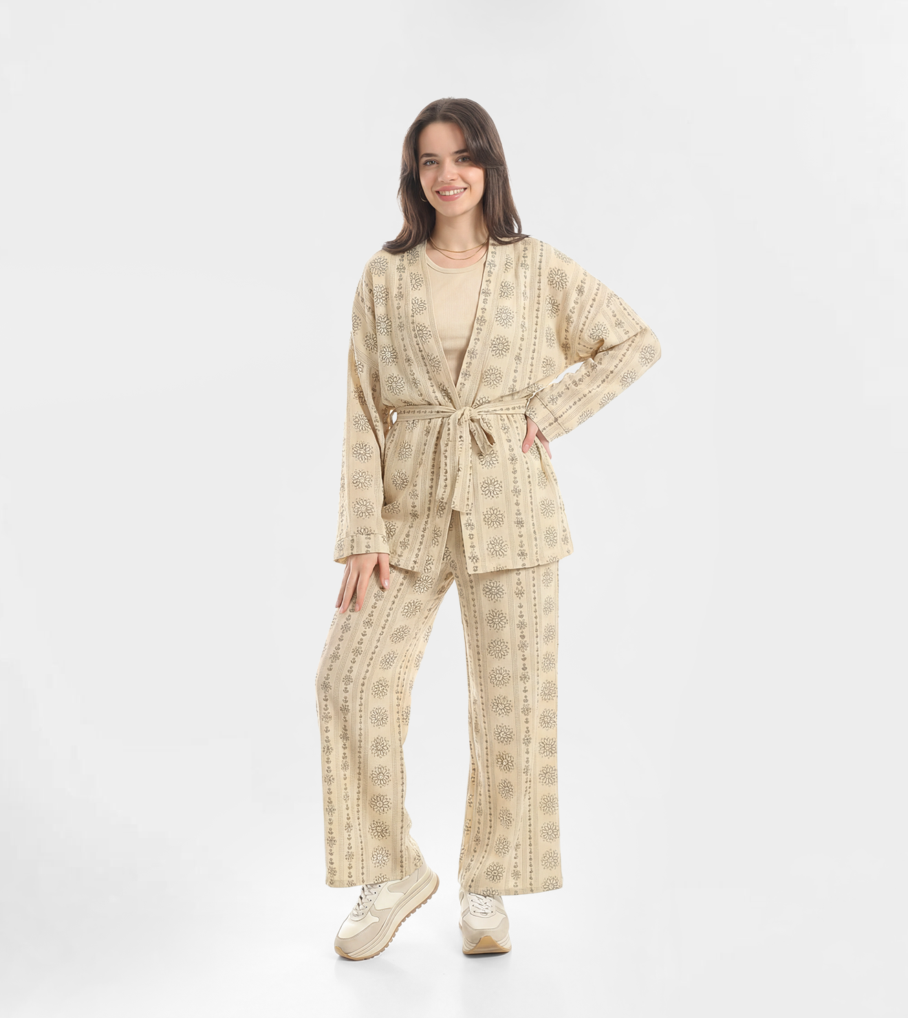 Women Set Belted Kimono Top & Wide-Leg Pants