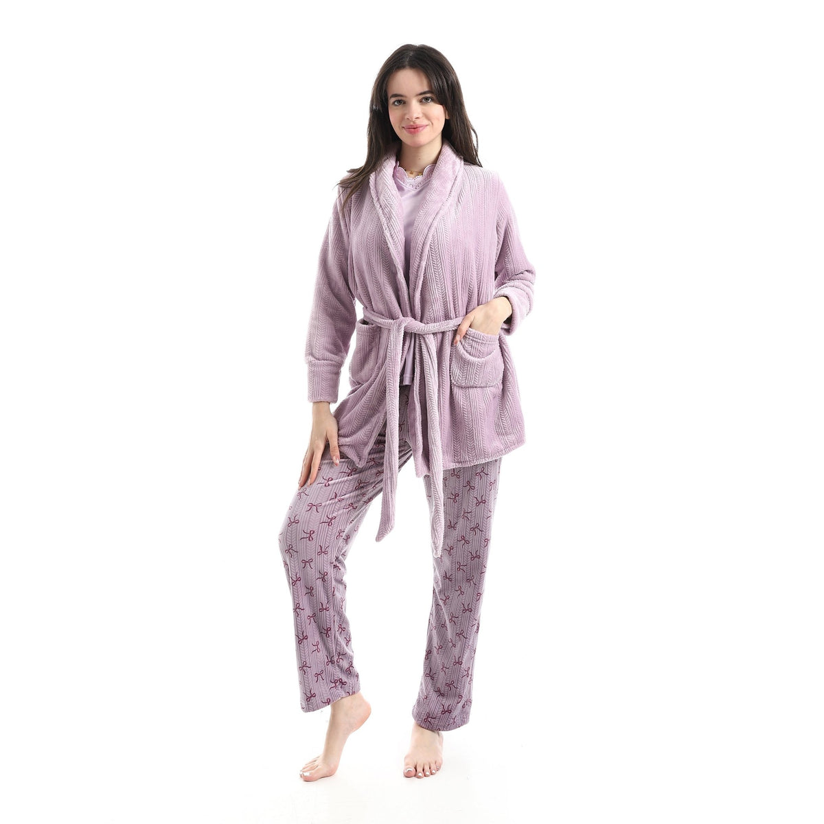 The Lavender 3-Piece Robe & Pajama Set - Red Cotton