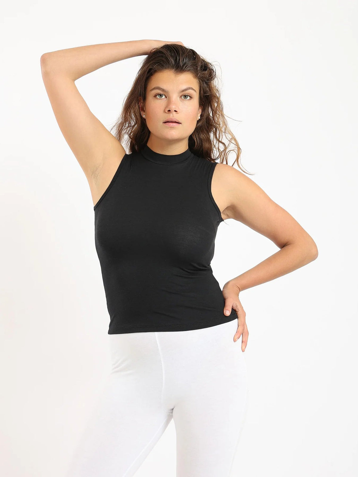 Women Basic Shirt, High Neck, Sleeveless - Red Cotton