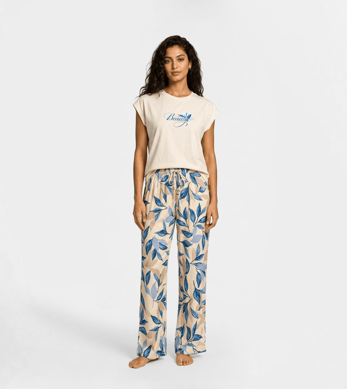 Women "Beauty" Cotton Pajama Set Blue in White - Red Cotton
