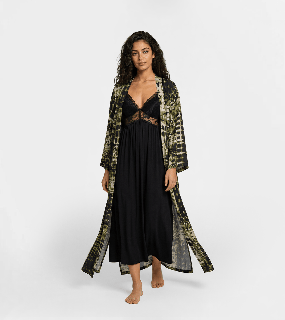 Women Black Lace Nightdress with Viscose Kimono Robe - Red Cotton