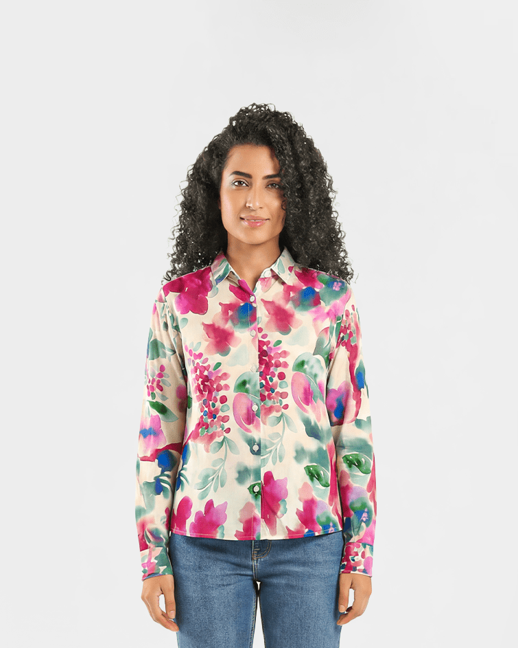 Women Floral Button-Up Shirt - Red Cotton